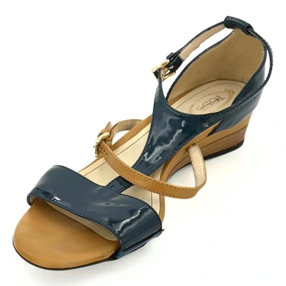 Tod’s T-Strap Demi‎ Wedge Sandals EU 36 Navy Beige Patent Leather Designer